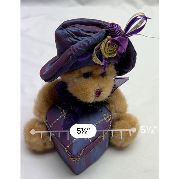 Dan Dee Brown Sitting Teddy Bear Plush Purple Hat Holding Heart Shaped Gift Box - Picture 13 of 13